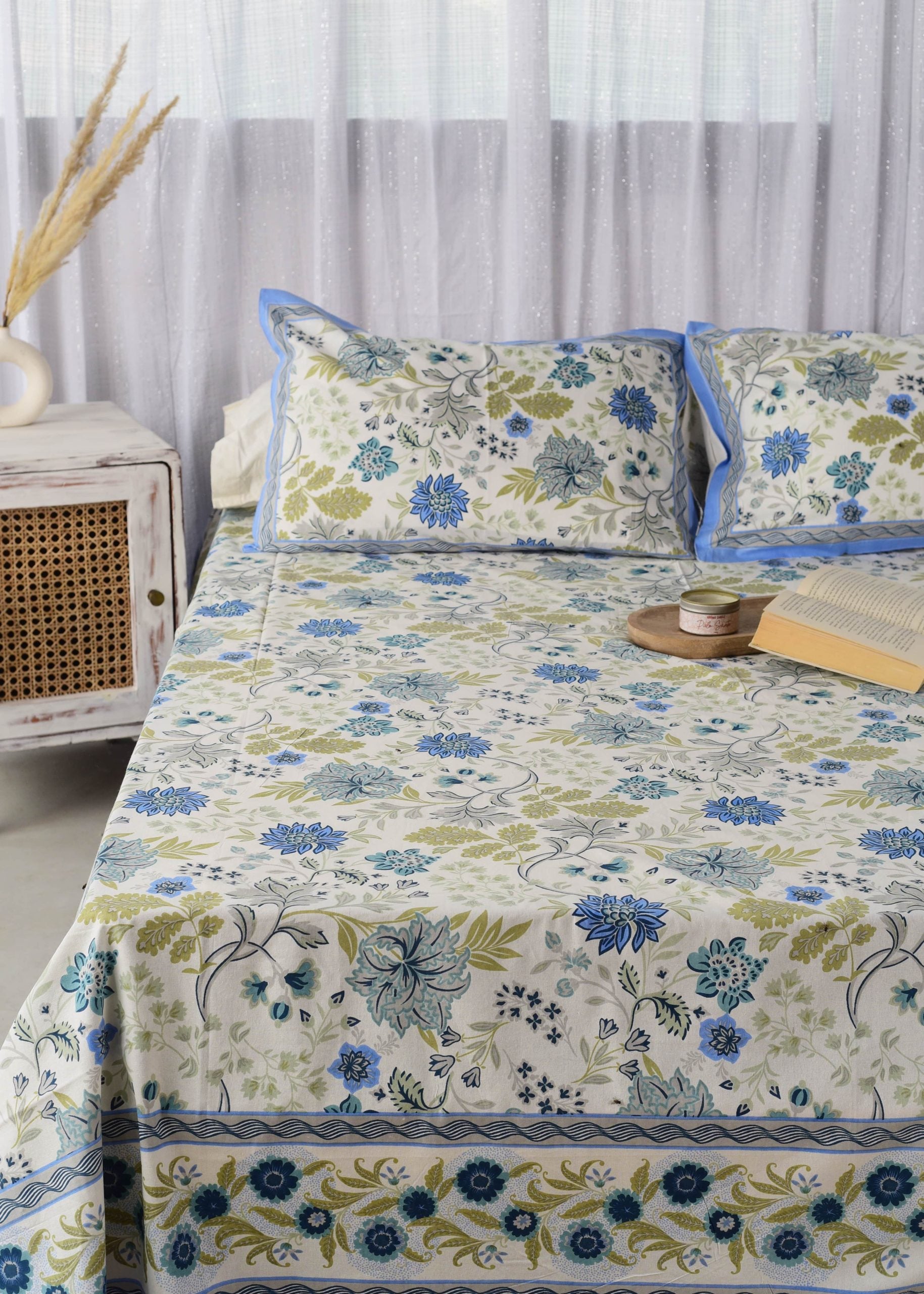 Cobalt Blue & White Floral - Bedsheet And Pillowcase Set