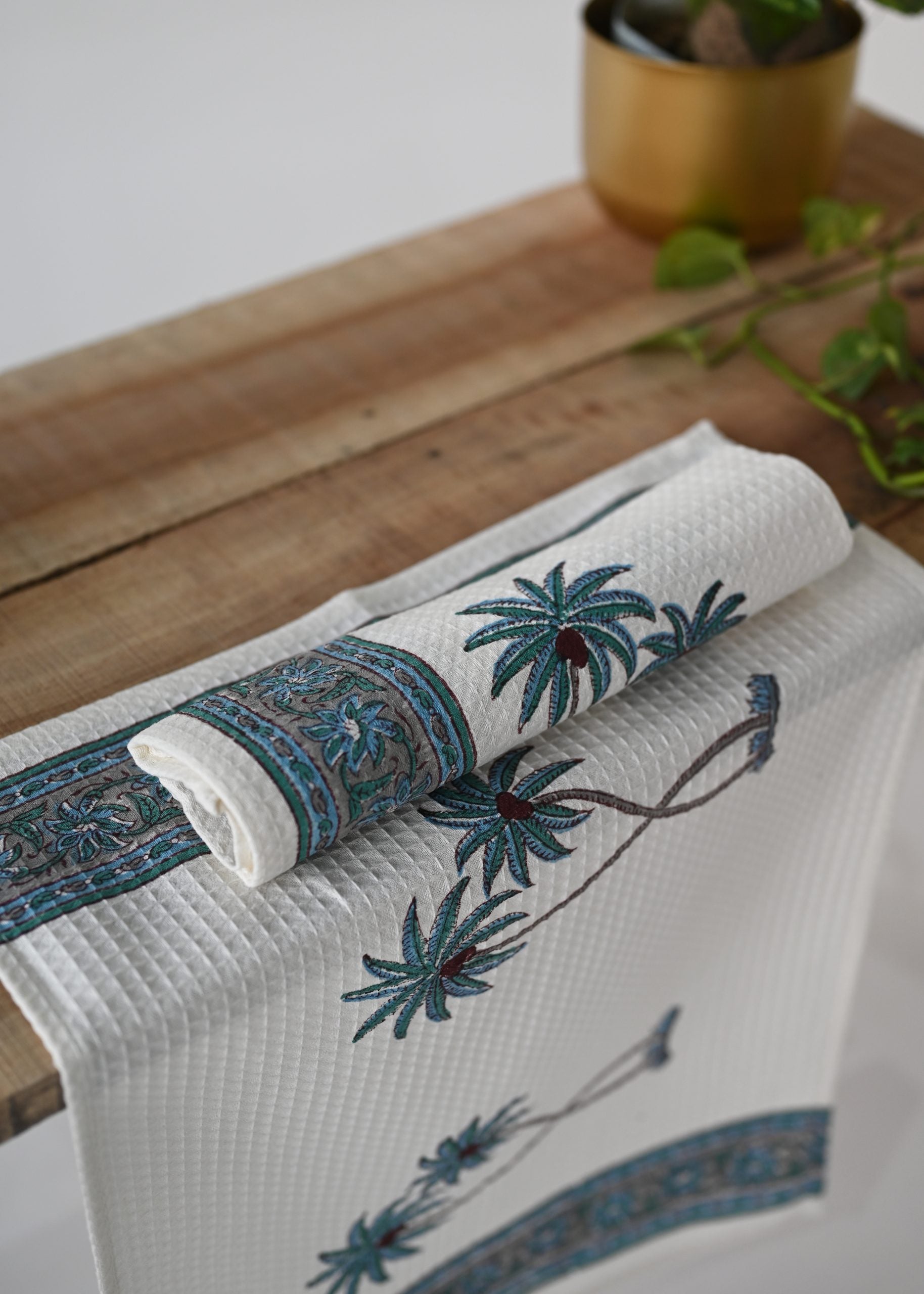Handblock Printed Towel - Blue Palm Trees