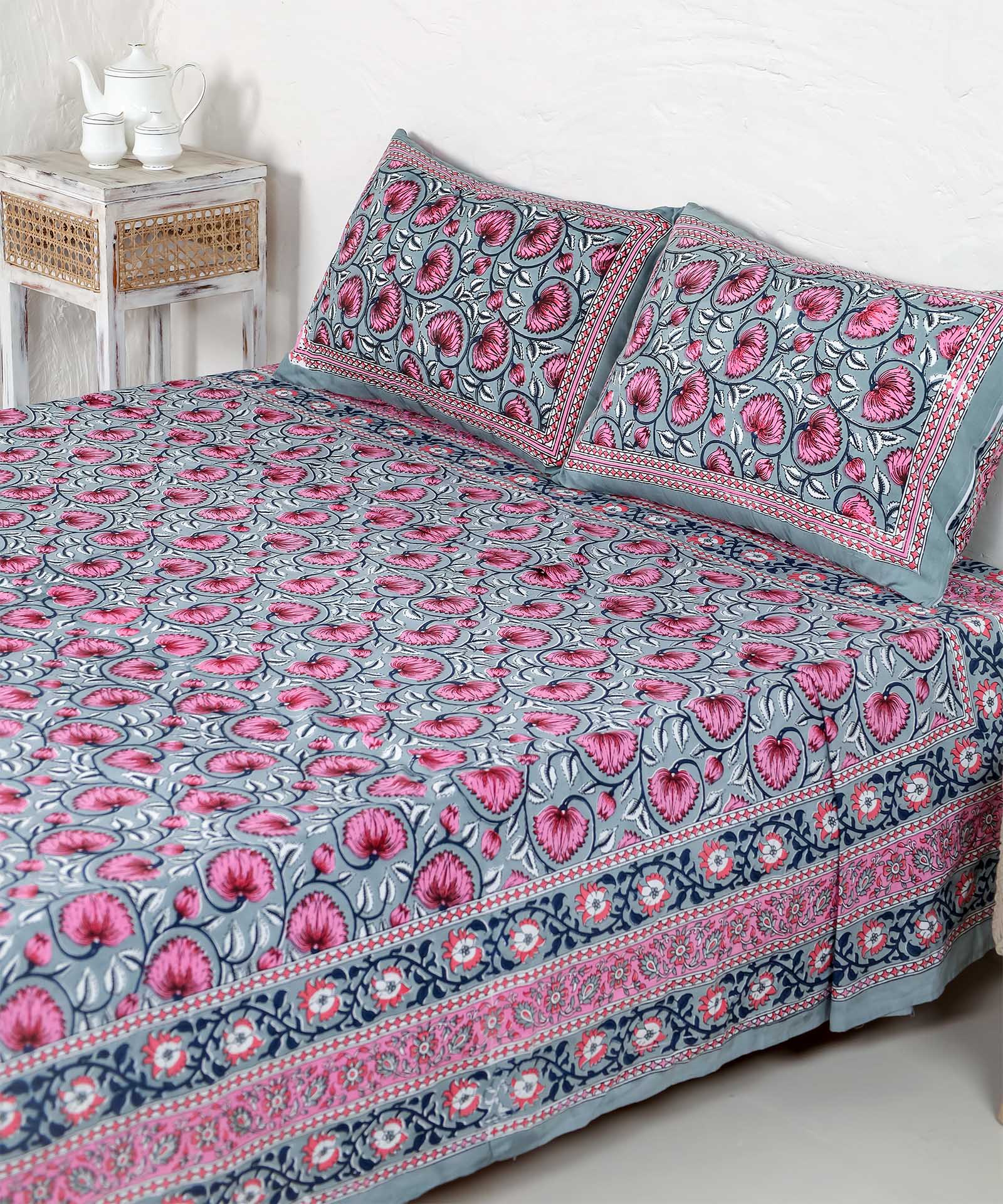 Grey Lillies Handblock Printed Cotton Bedsheet King