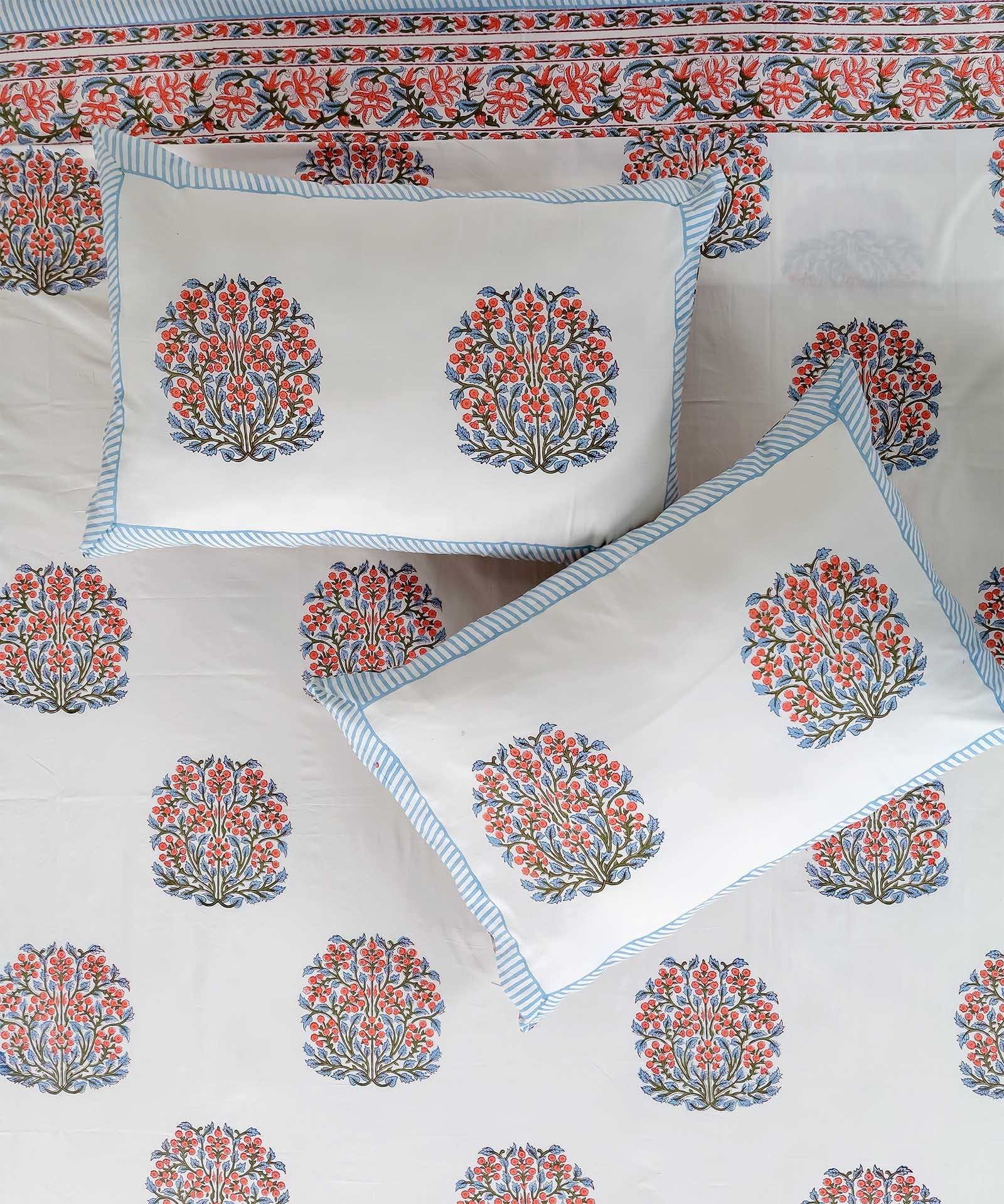 Hand Block Printed Razai, Bedsheet & Pillow Covers Set - Pastel Blooms