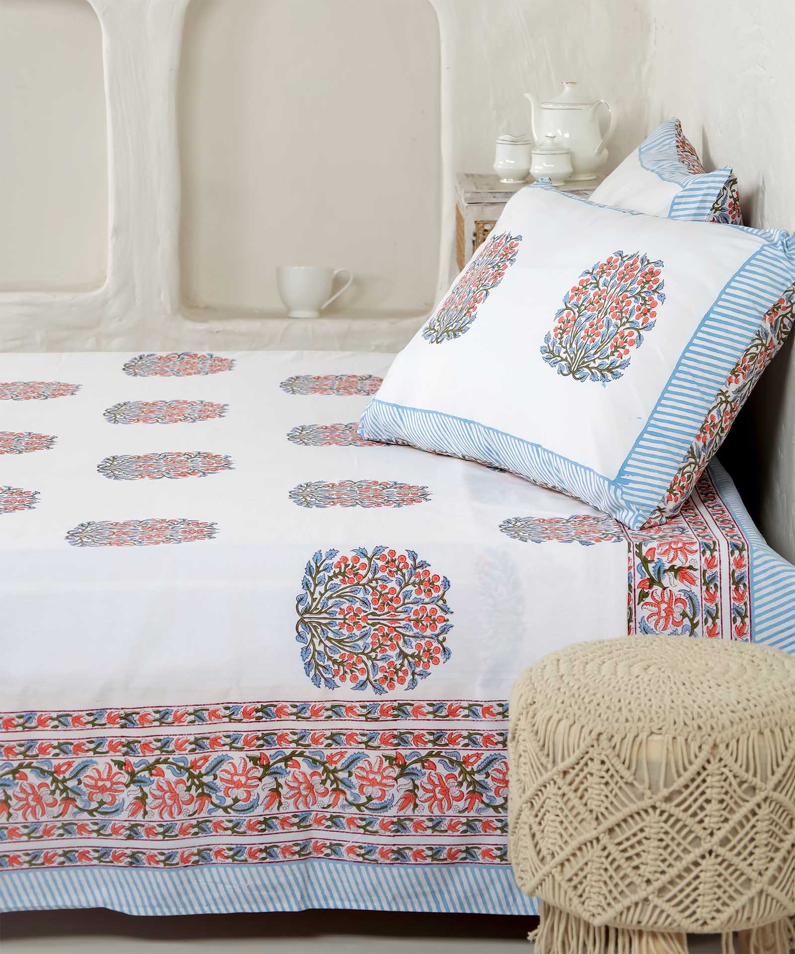 Hand Block Printed Razai, Bedsheet & Pillow Covers Set - Pastel Blooms
