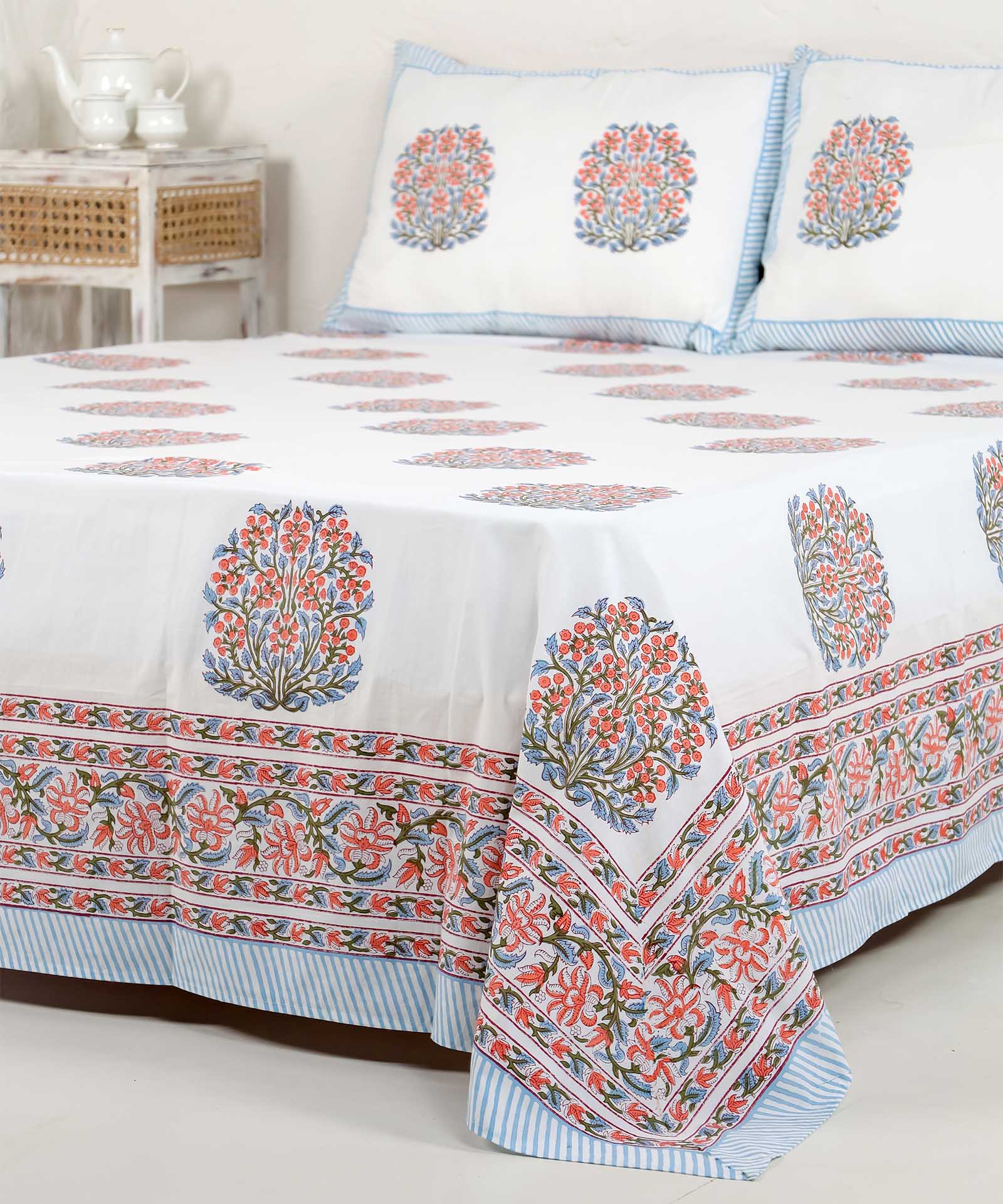 Pastel Blooms Handblock Printed Cotton Bedsheet