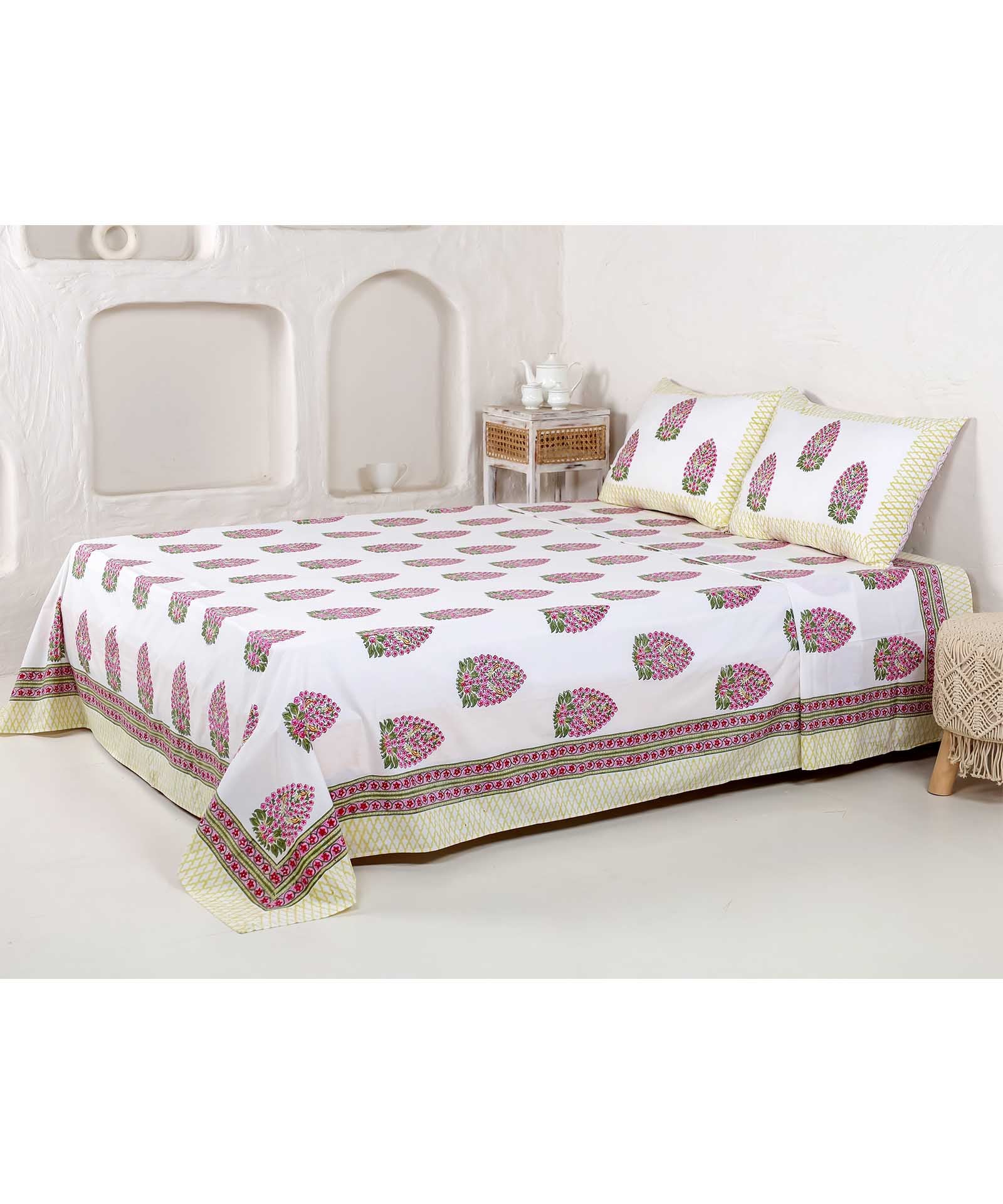 Pink Veronica Handblock Printed Cotton Bedsheet - King