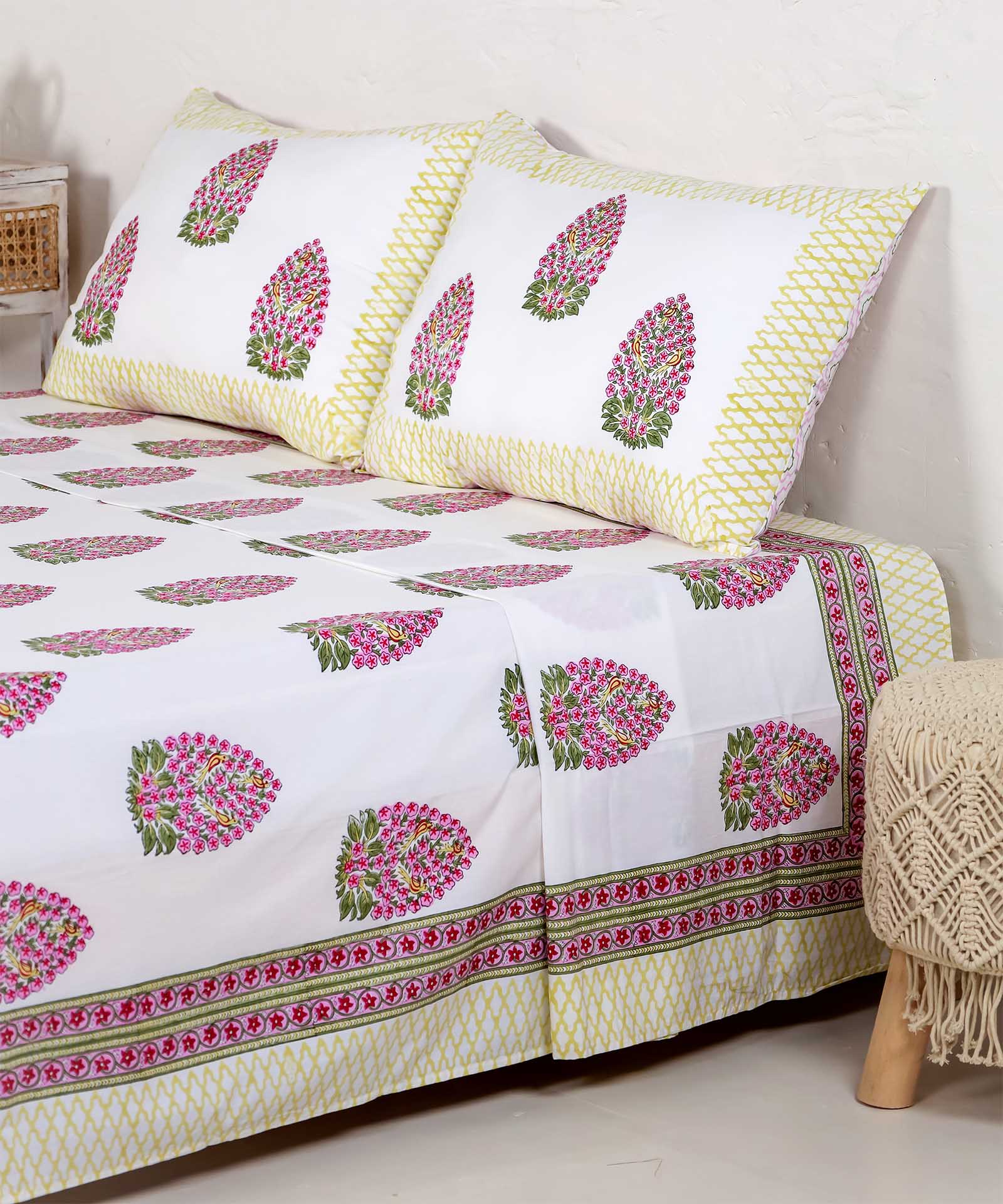 Pink Veronica Handblock Printed Cotton Bedsheet - King