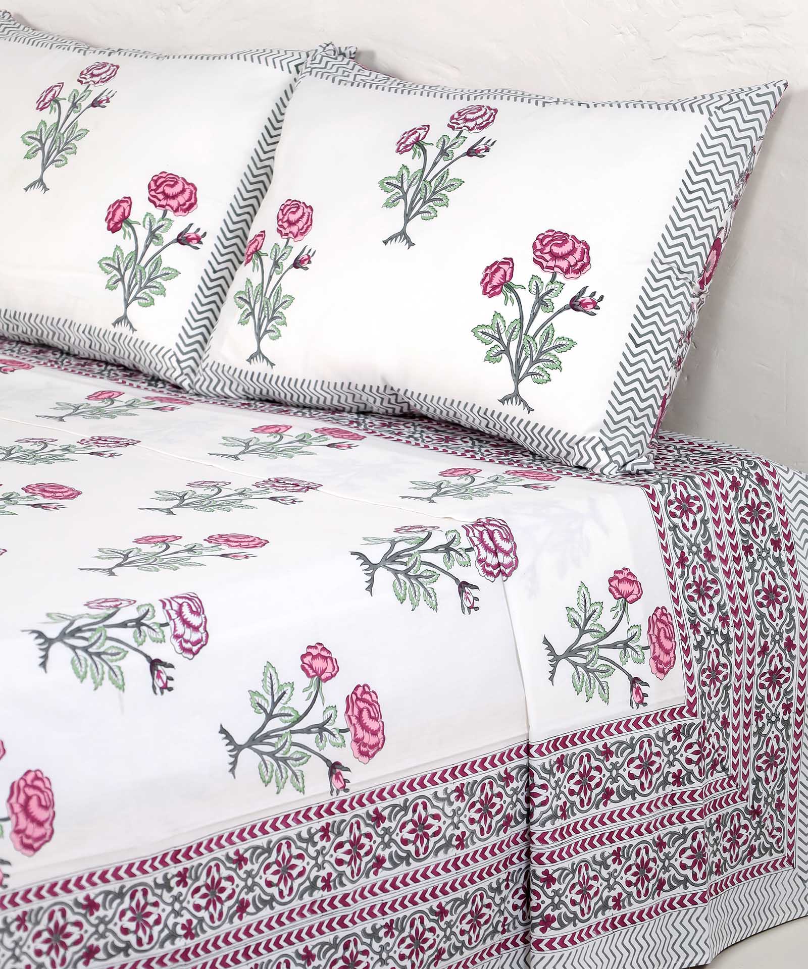 Burgundy Rose Handblock Printed Cotton Bedsheet - King