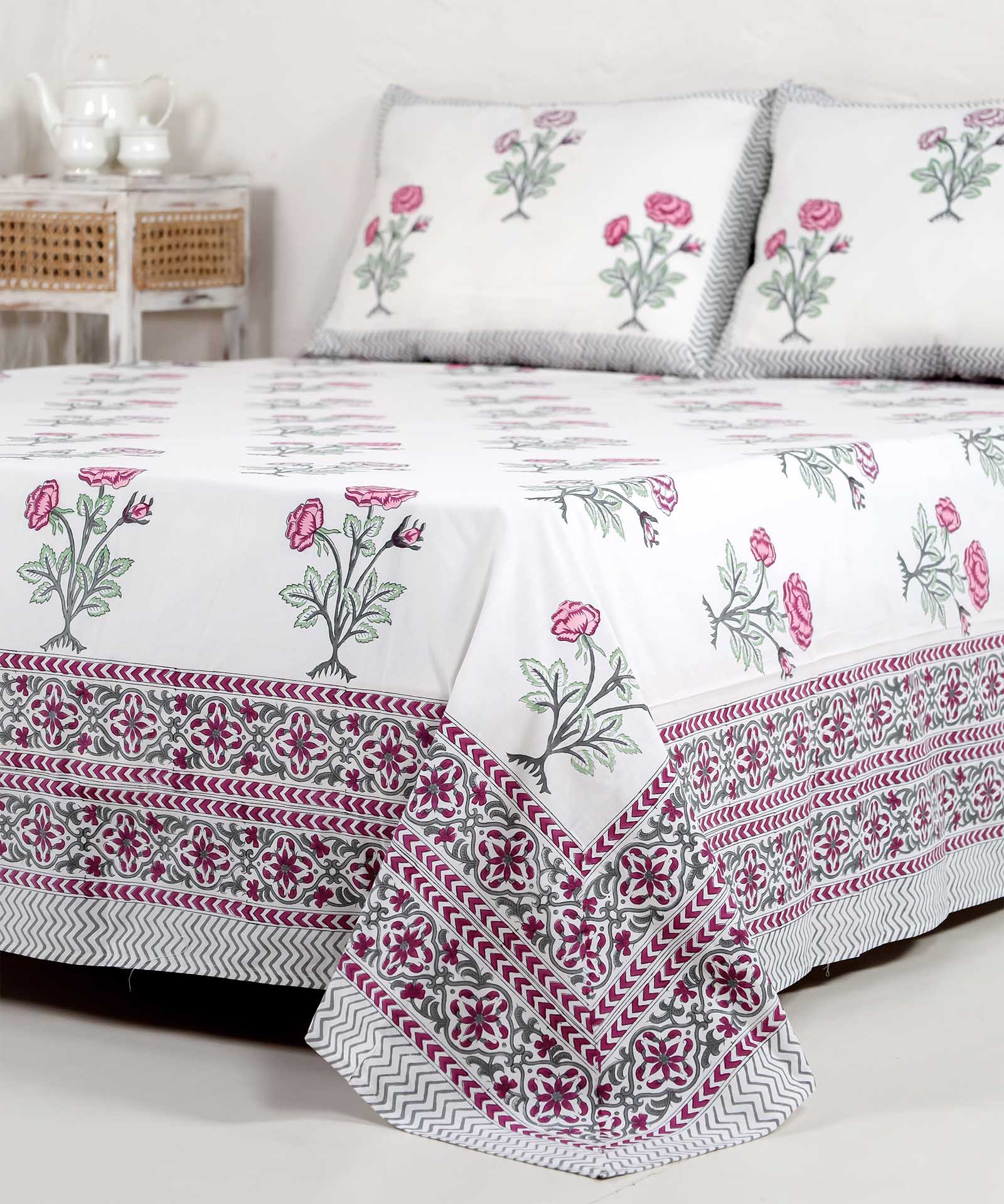 Burgundy Rose Handblock Printed Cotton Bedsheet - King