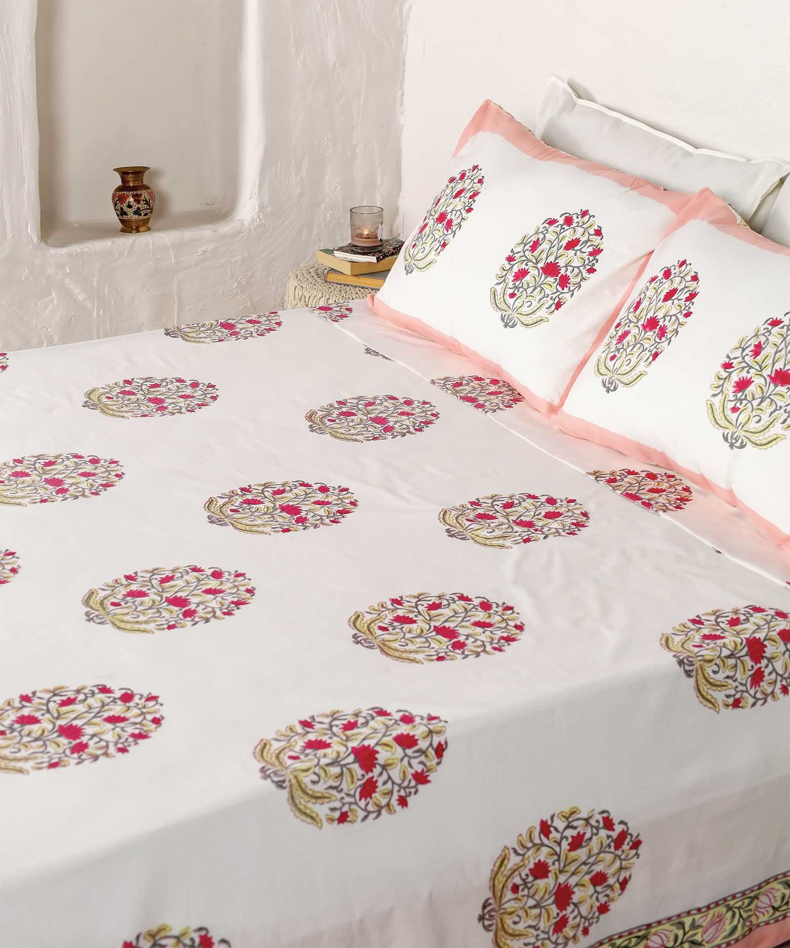Lotus Vines Handblock Printed Cotton Bedsheet - King