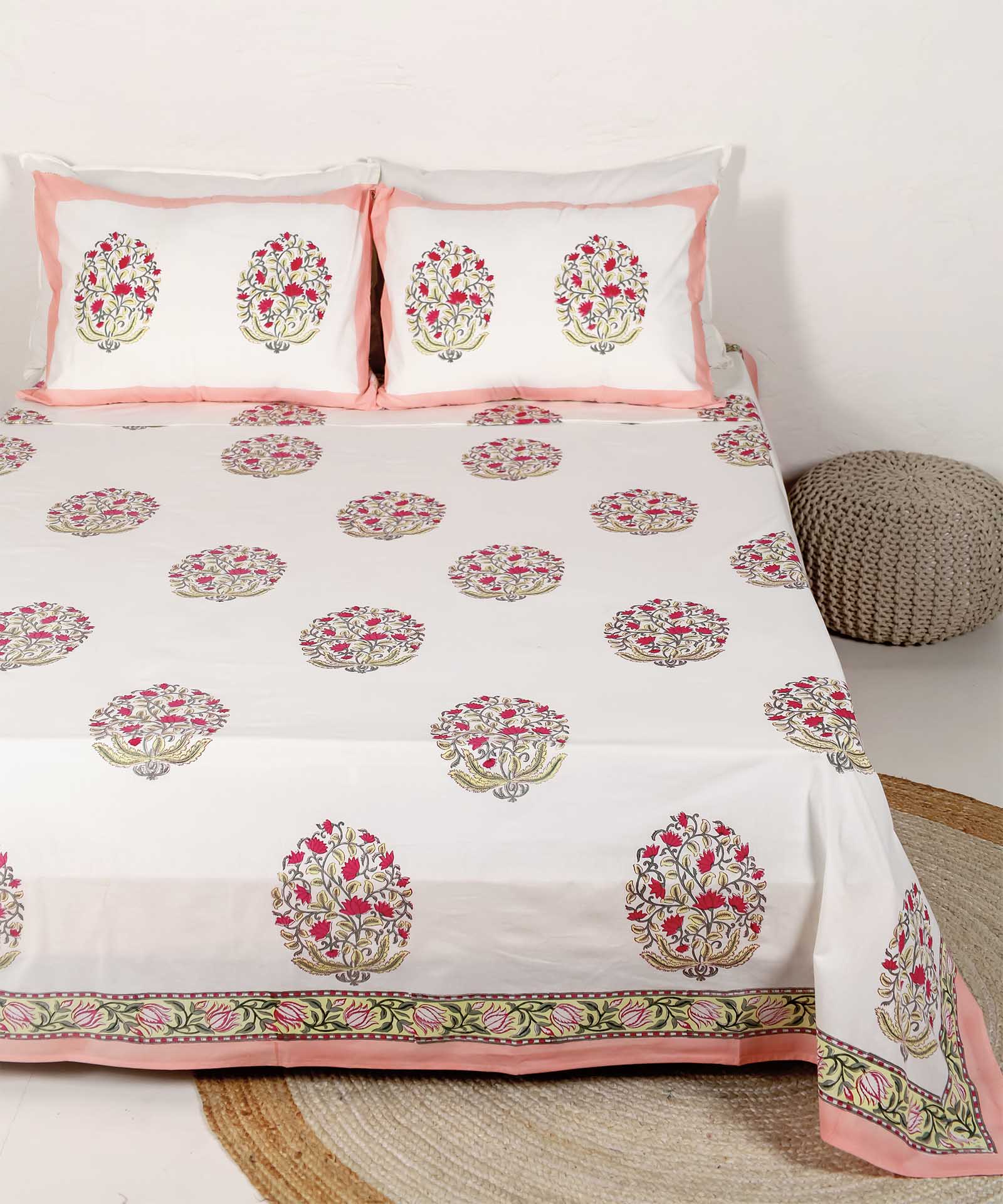 Lotus Vines Handblock Printed Cotton Bedsheet - King