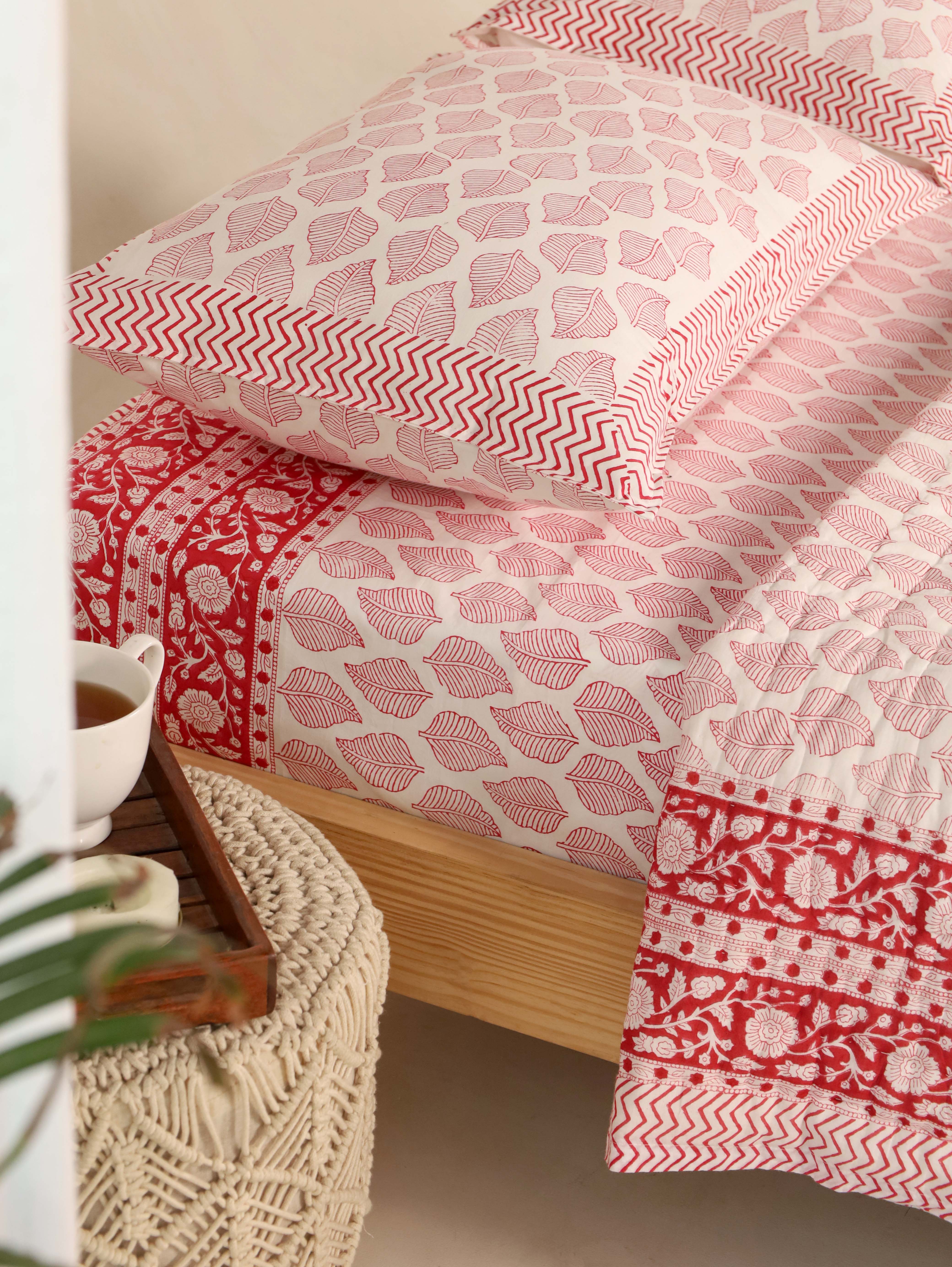 Hand Block Printed Razai, Bedsheet & Pillow Covers Set - Red Faith
