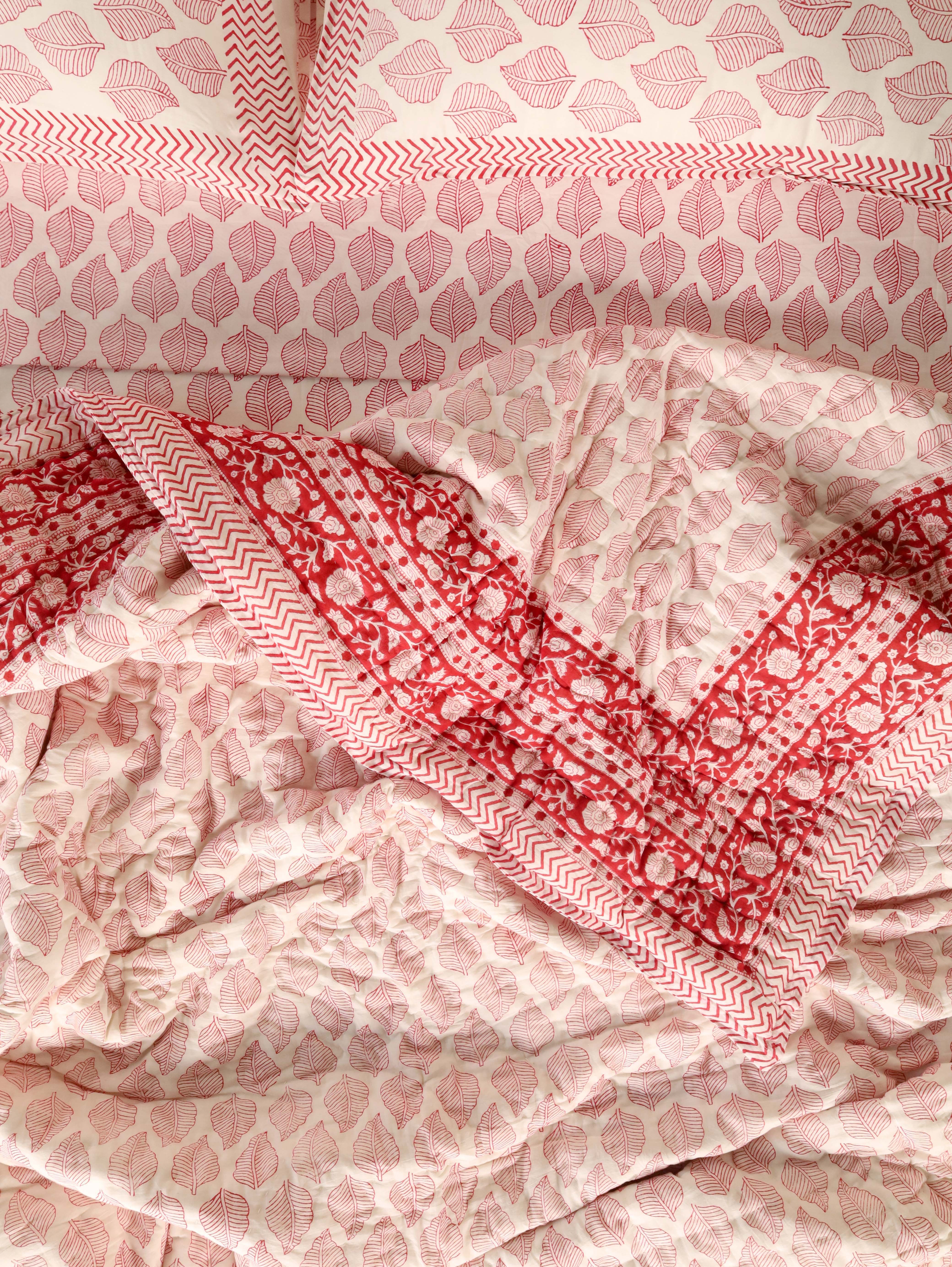 Hand Block Printed Razai, Bedsheet & Pillow Covers Set - Red Faith