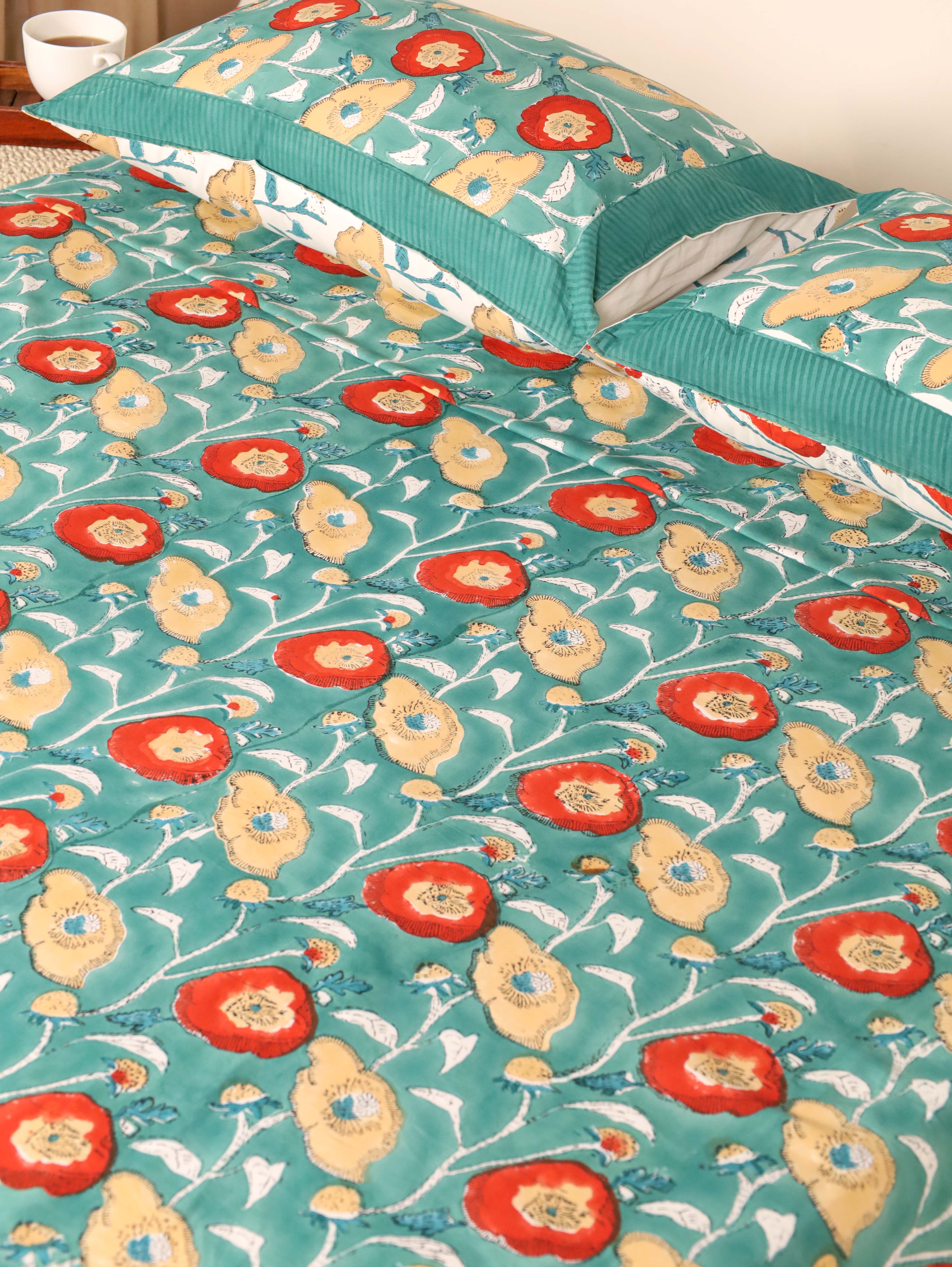 Turquoise Blooms Handblock Printed Cotton Bedsheet - King