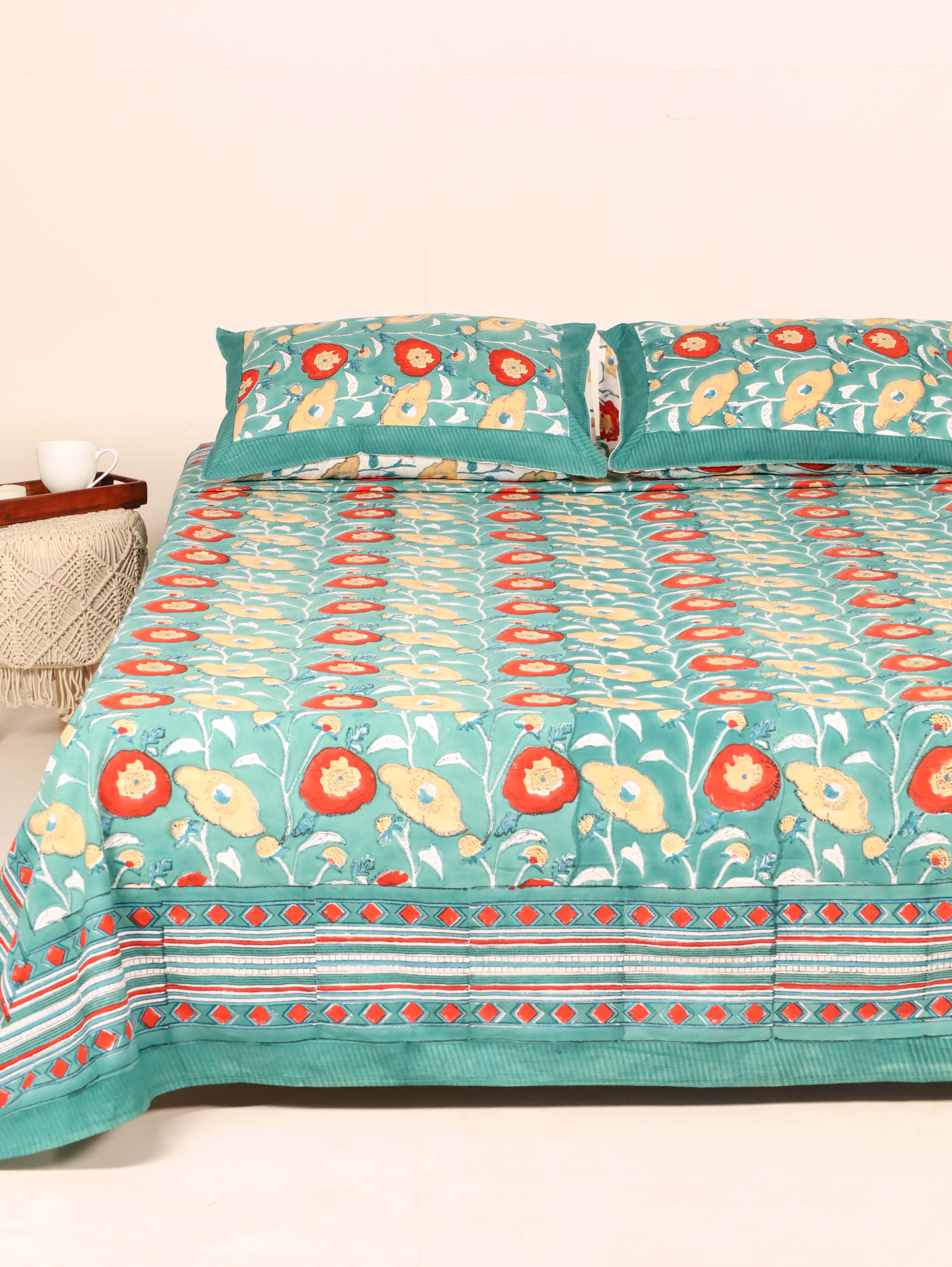 Turquoise Blooms Handblock Printed Cotton Bedsheet - King
