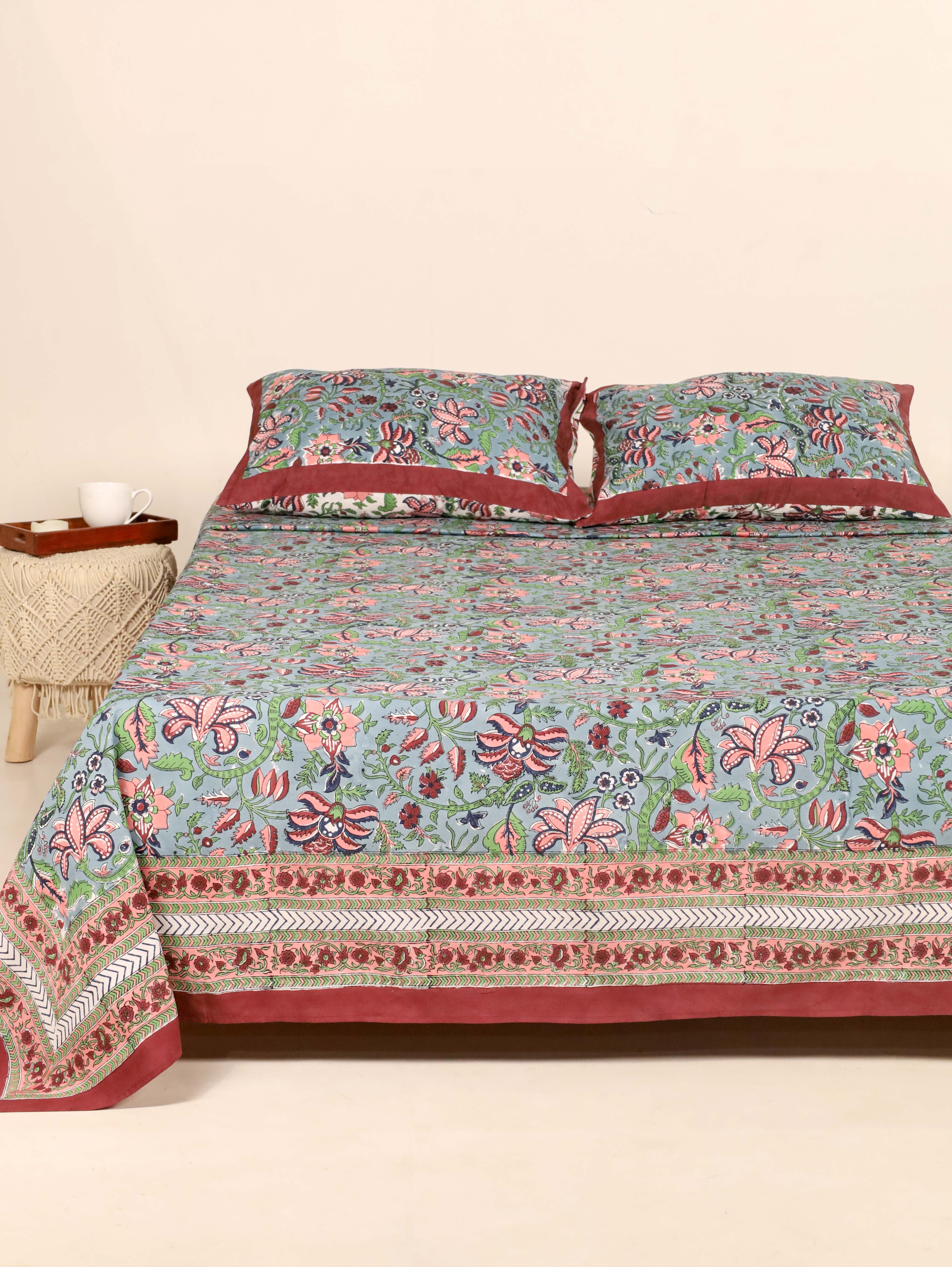 Fine Count Cotton Handblock Printed Double Bedsheet with Pillow Covers – Floral Motif on White Base