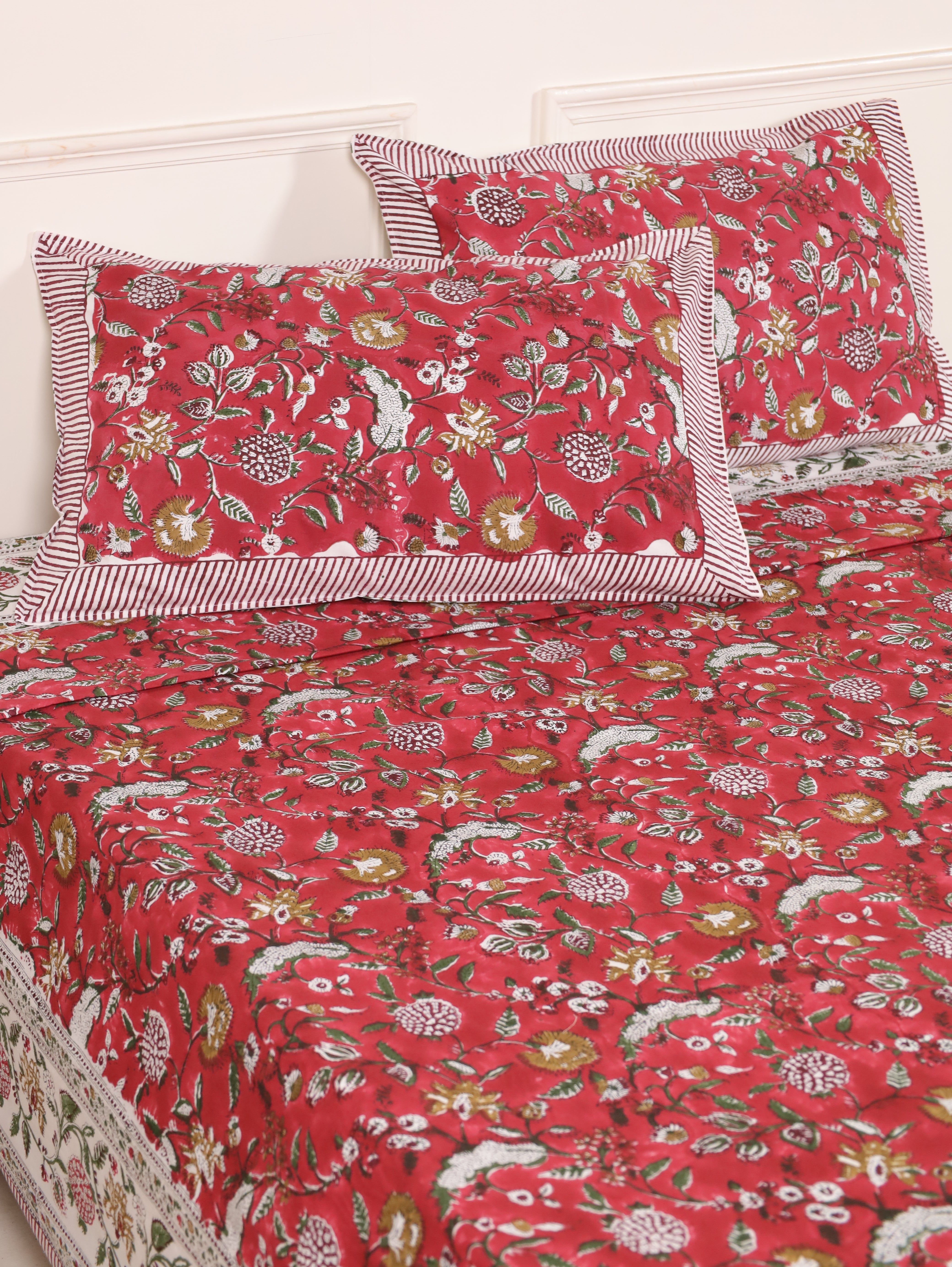 Hand Block Printed Bedsheet - Ruby Floral