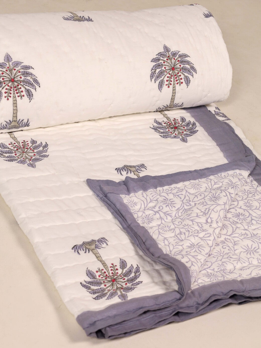 Jaipuri Razai With Pillow Covers - Purple Palm Tree