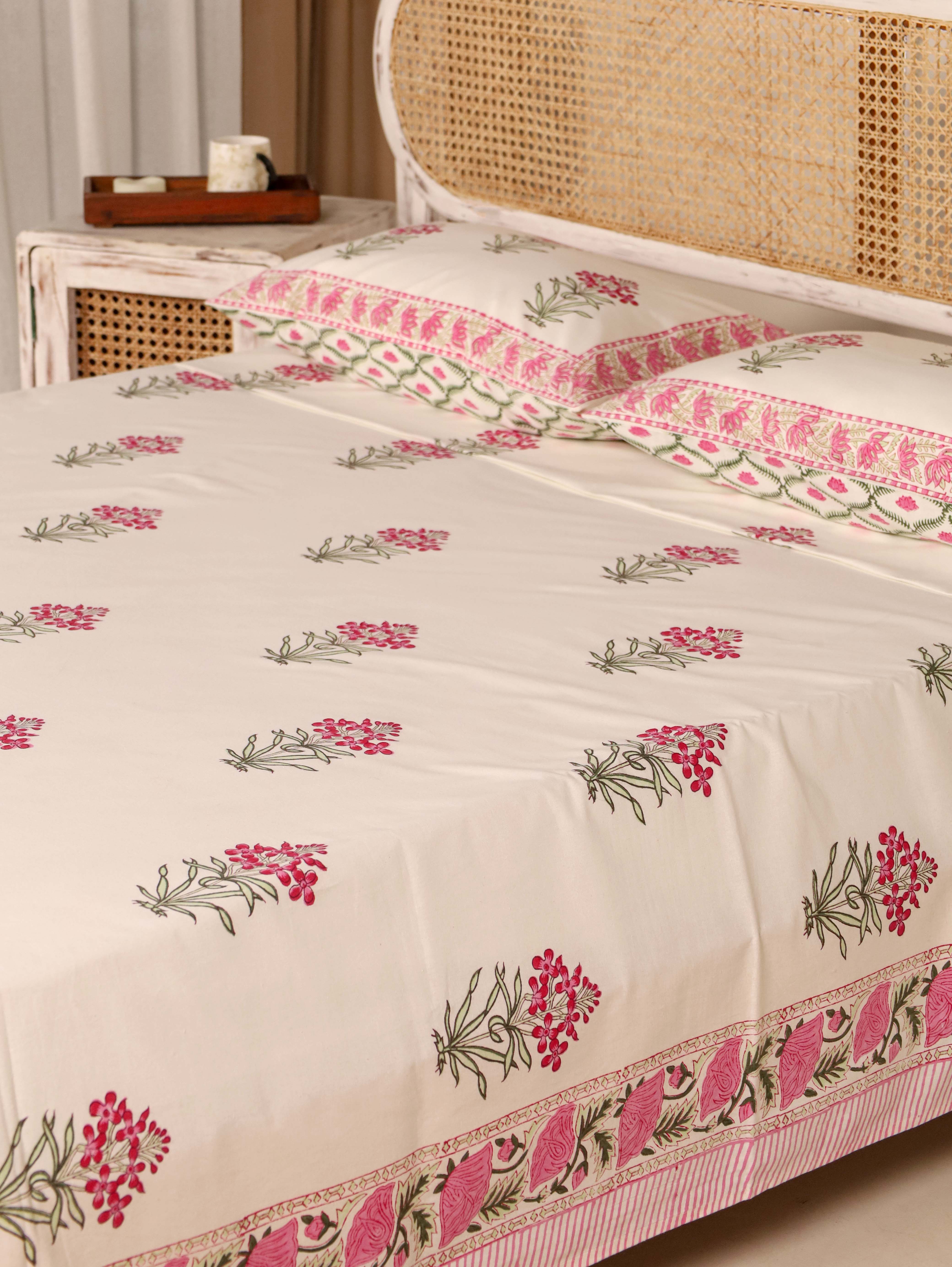 Pink Floral Bunch Handblock Printed Cotton Bedsheet - King