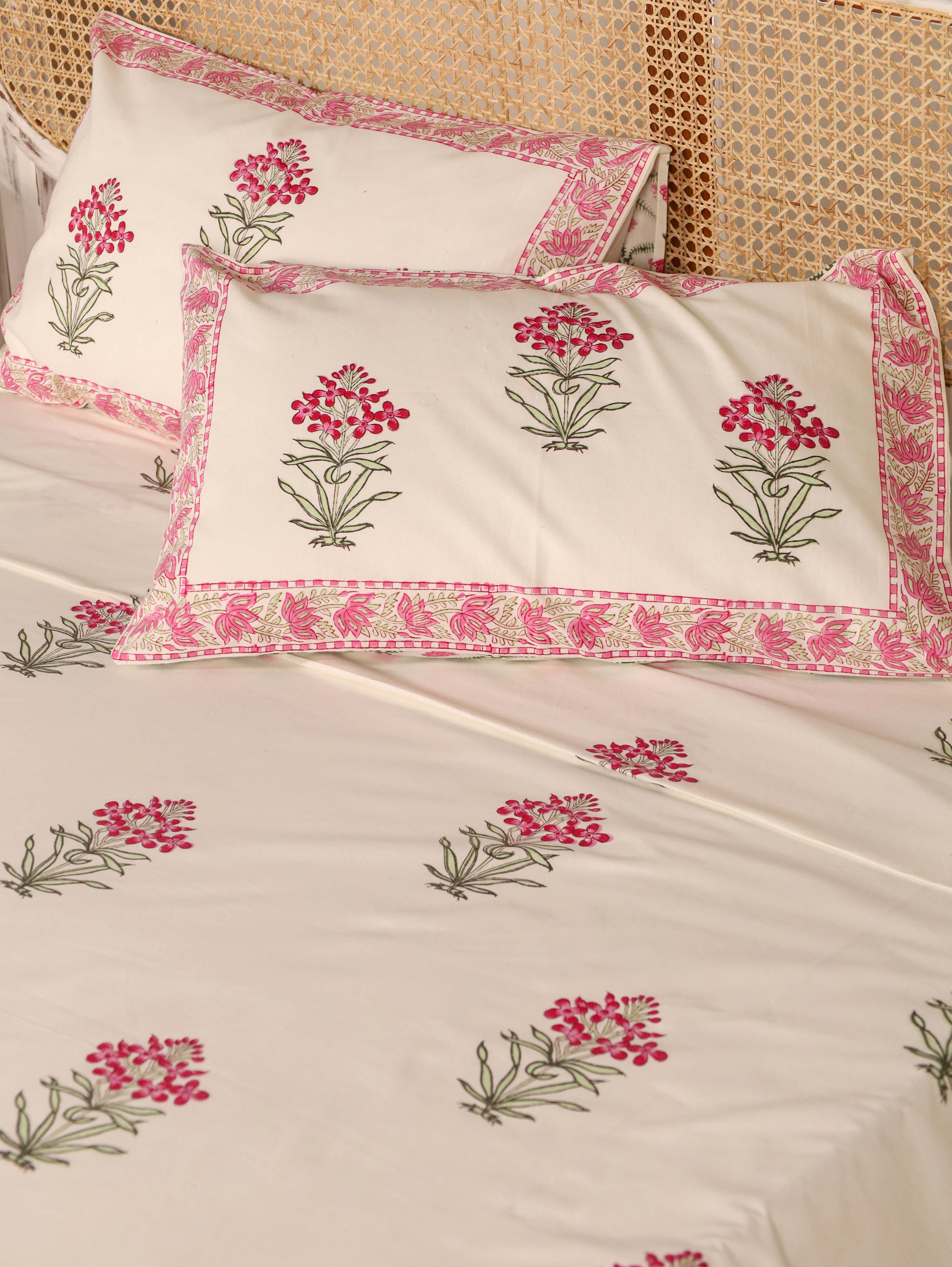 Pink Floral Bunch Handblock Printed Cotton Bedsheet - King