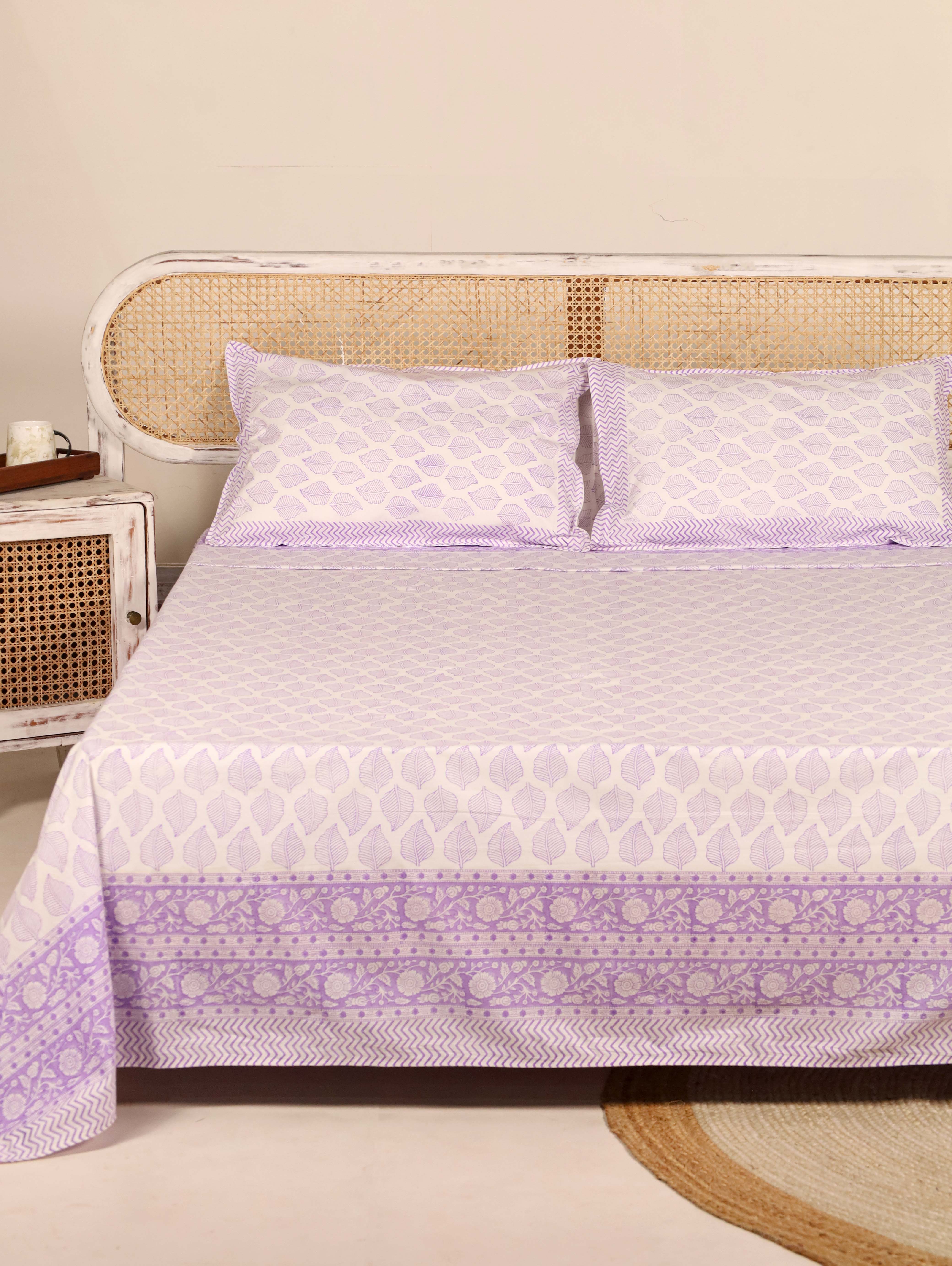 Hand Block Printed 100% Cotton Bedsheet - Purple Faith