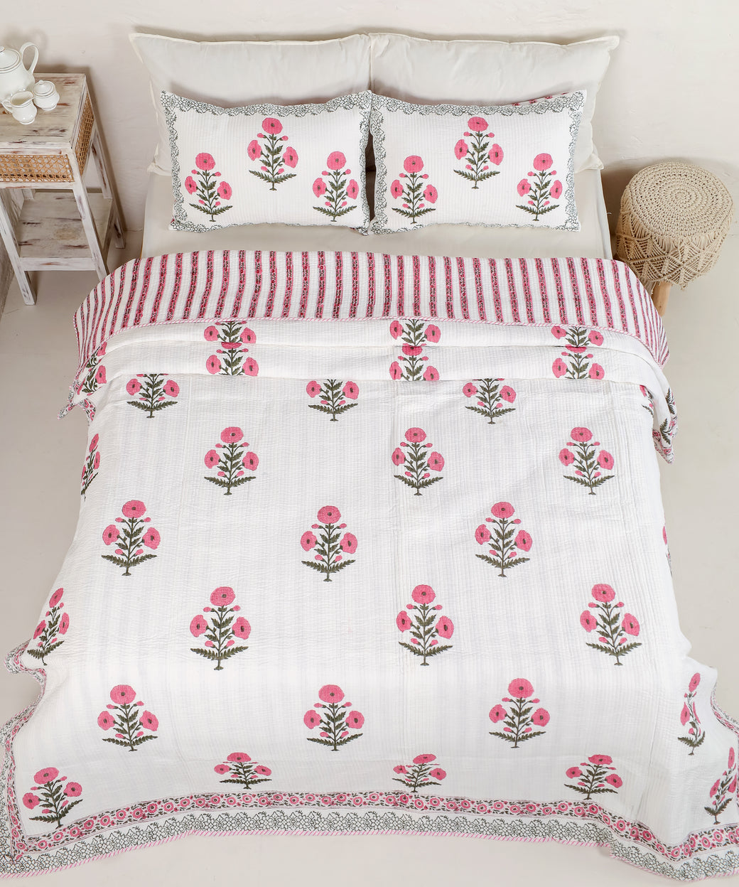 Hand Block Printed Quilt with Pillow Covers - Pink Poppies