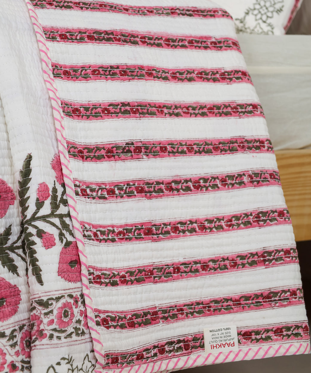 Hand Block Printed Quilt with Pillow Covers - Pink Poppies