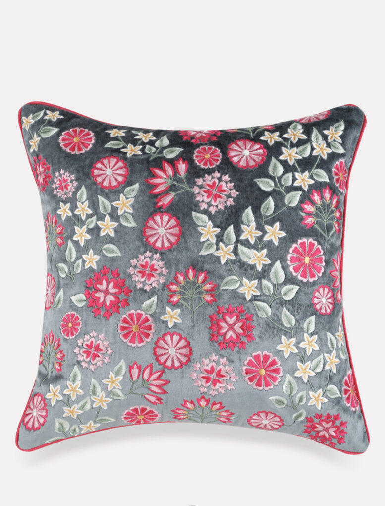 Set of 2 Velvet Floral Embroidered Cushion Cover - Pink & Grey