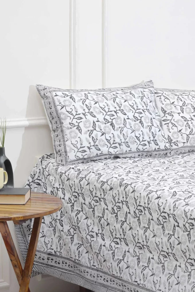 Hand Block Printed Cotton Bedsheet - Grey Floral