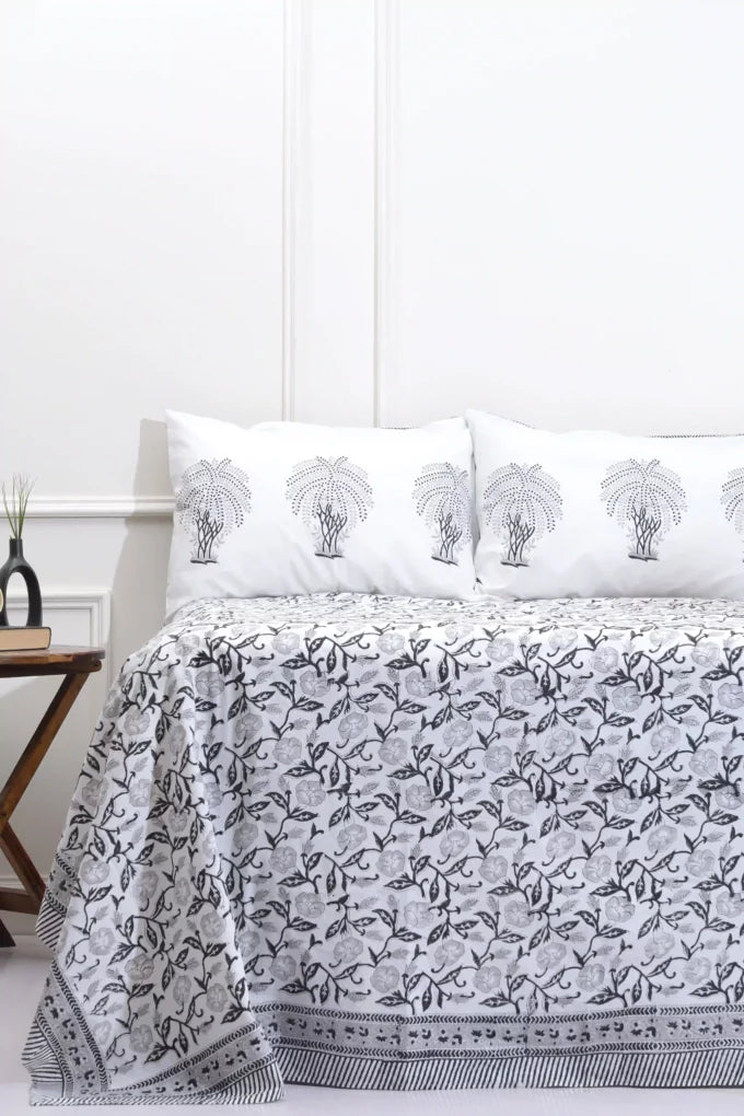 Hand Block Printed Cotton Bedsheet - Grey Floral
